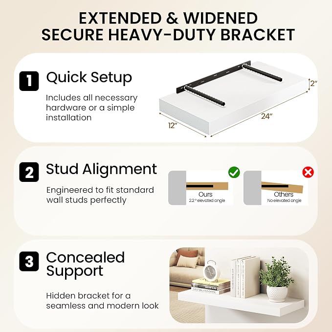 40Inch White Floating Shelves for Wall, 12 Inch Deep Shelves for Bedroom - Image 6