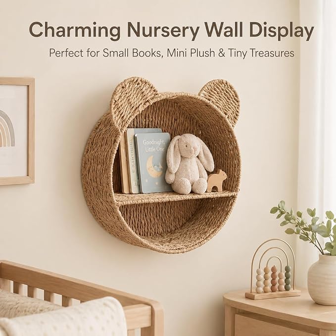 Woven Wall Basket Shelf Bear Nursery Decor — Boho Handwoven Hanging Wall Decor - Image 4