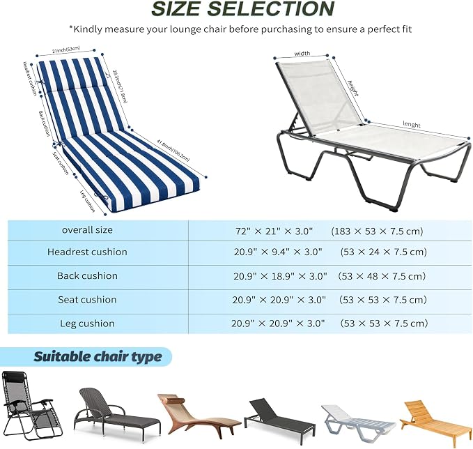 2 Pcs Outdoor Chaise Lounge Cushion 72" x 21" x 3", Folding Patio Lounge Chair - Image 3