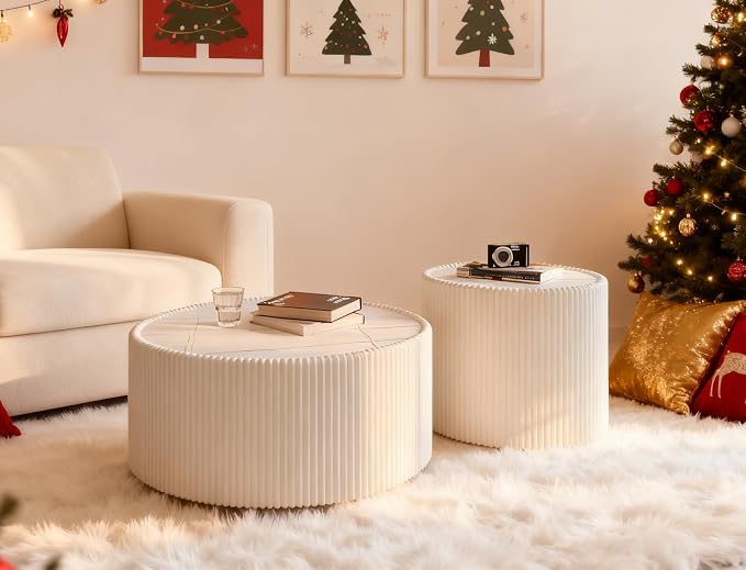 White Marble Round Coffee Table, 29.52" Fluted Coffee Table - Image 7