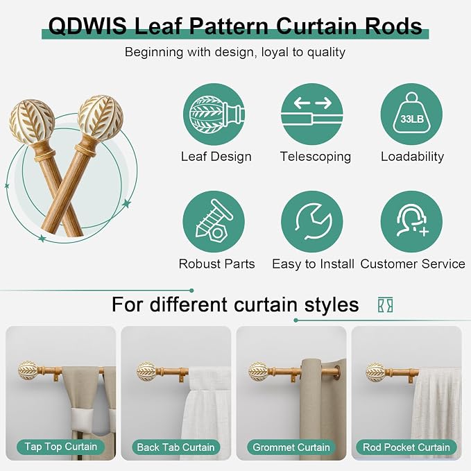 QDWIS Boho Wood Curtain Rods for Windows 28 to 48 inch, Rustic Decorative - Image 6