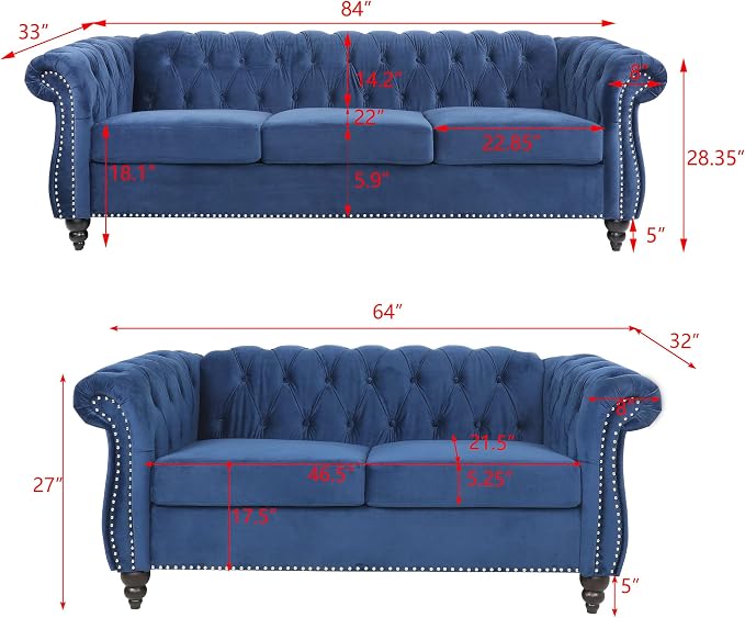 RARZOE Modern 2 Pieces Living Room Sofa Set, Contemporary Tufted Button Velvet - Image 2
