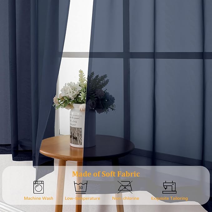 Gwine Navy Blue Sheer Curtains 90 Inches Long 2 Panels Set, Light Filtering - Image 7