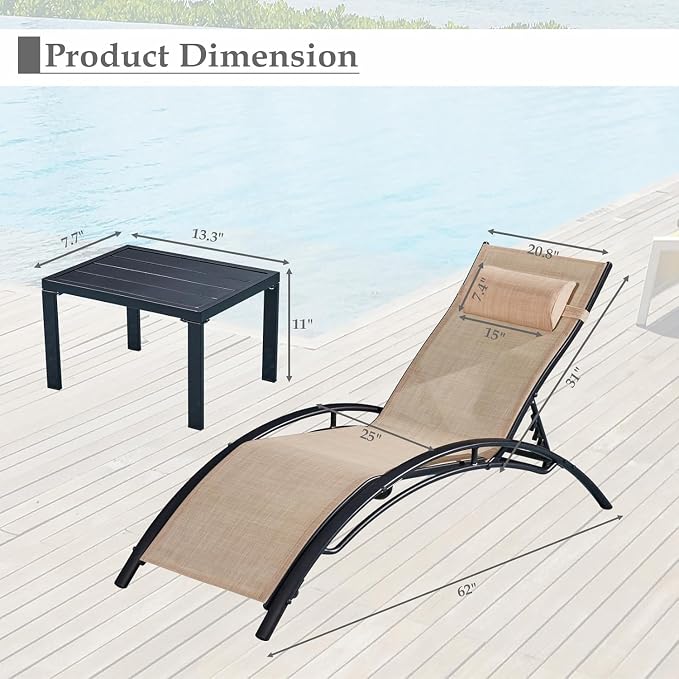 EROMMY Outdoor Chaise Lounge Set of 3, Reclining Patio Chairs - Image 2