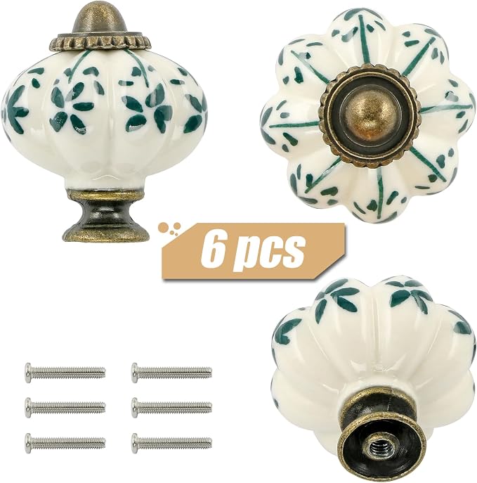 Ivory & Green Pumpkin Knobs 6 Pack Ceramic Cabinet Knobs Vintage Drawer Pulls - Image 2