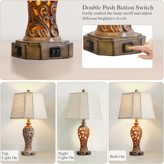 Set of 2 Rustic Table Lamps for Living Room Bedroom, 2 USB Ports 25'' Vintage - Image 3