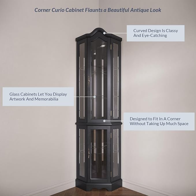 BELLEZE Lighted 3-Side Glass Display Curio Cabinet w/Tempered Glass Doors and - Image 5