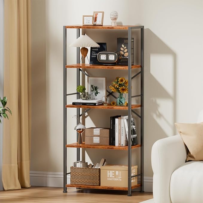 Furologee 5 Tier Book Shelf Set of 2, Tall Wide Bookshelf, Industrial Open - Image 5