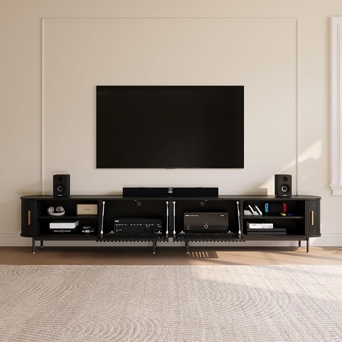 POVISON Fully-Assembled Sliding Tambour Door TV Stand, Mid Century Modern TV - Image 3