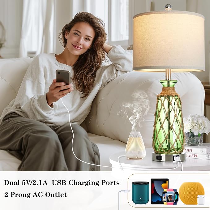 Ruzectt 25.5" Green Glass Table Lamps Set of 2, 3-Way Dimmable Touch Control - Image 3