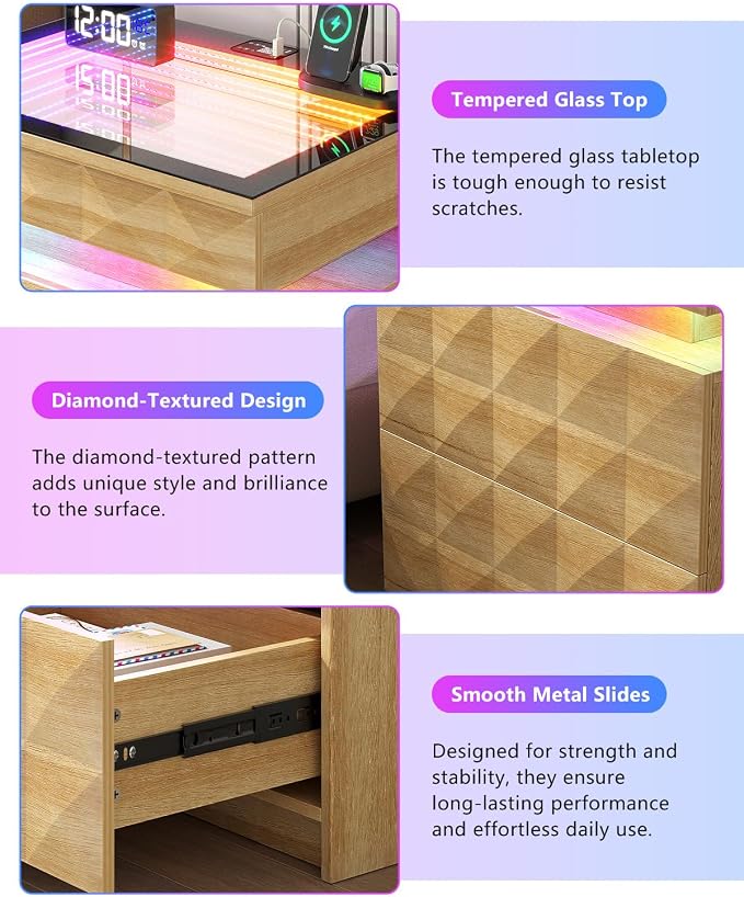 Wood Night Stand with Charger Station & RGB Lights, LED Bedside Table with - Image 7