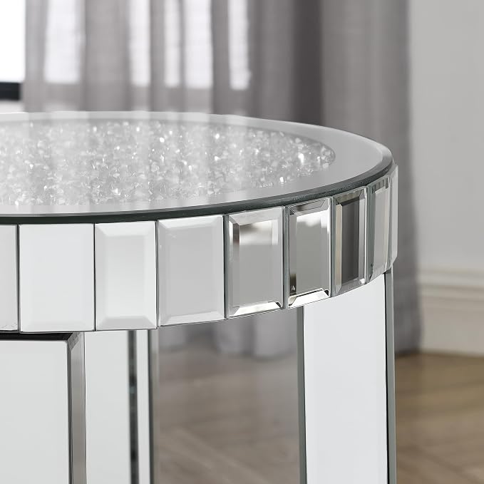 Mirrored Round End Table with Crystal, 2-Layer Modern Small Sofa Table with - Image 4
