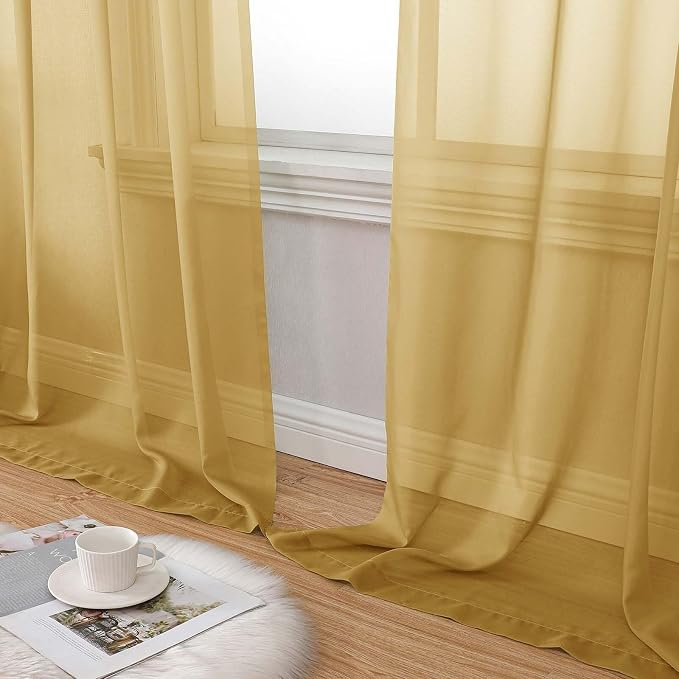 Sheer Gold Curtains for Bedroom Living Room 90 Inches Long 2 Panels Set - Image 8
