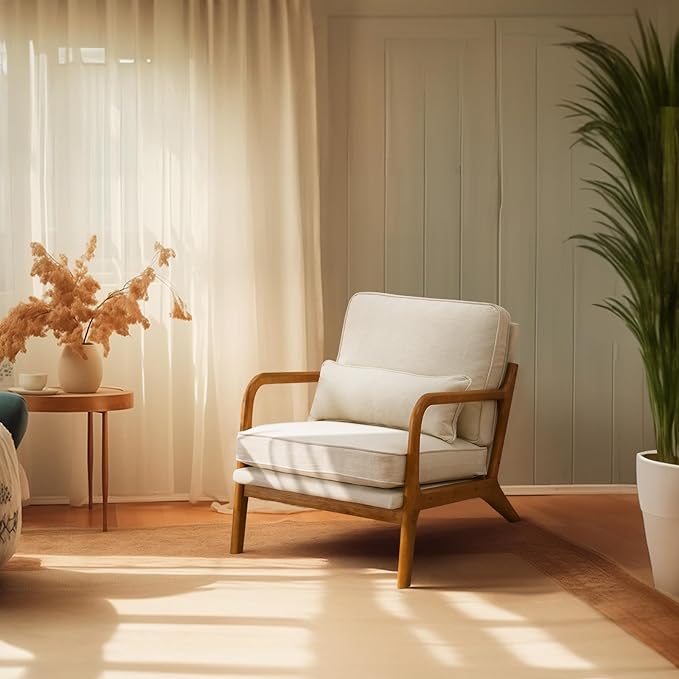 Bonnlo Fine Linen Beige Mid Century Modern Accent Chair, Soild Wood Padding by Bonnlo