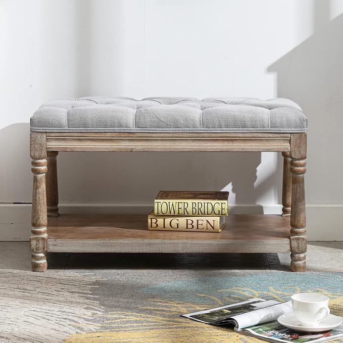 Farmhouse Storage Bench Wooden Entryway Linen Upholstered Ottoman Button Tufted by Janoray