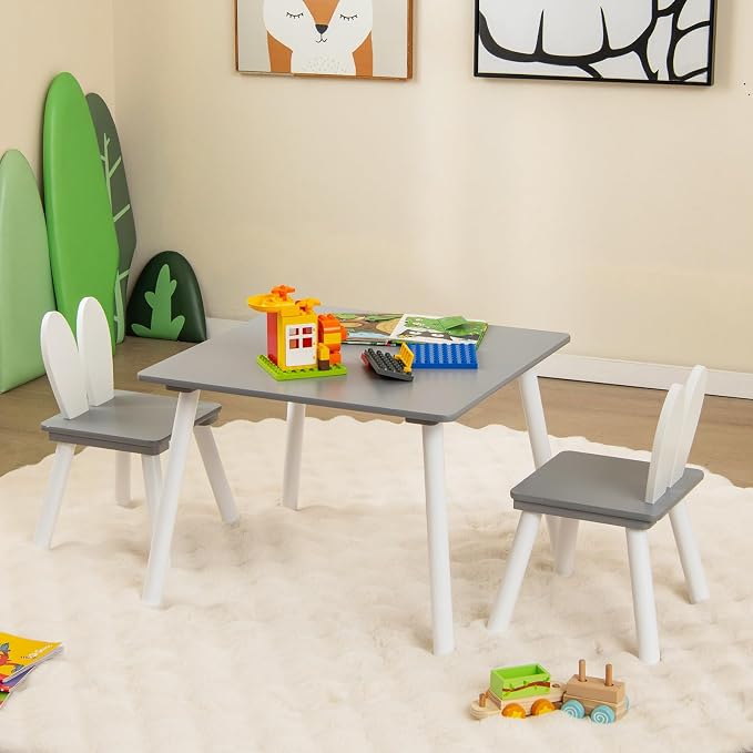 Costzon Kids Table and Chair Set, 3 Pieces Wooden Activity Table & 2 Rabbit - Image 9