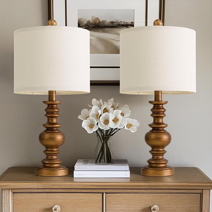 BOBOMOMO 20" Antique Gold Table Lamps Set of 2 – Handcrafted Vintage Bedside - Image 6