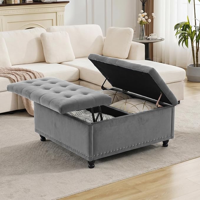 Tbfit Large Square Storage Ottoman Bench, Tufted Upholstered Coffee Table - Image 8