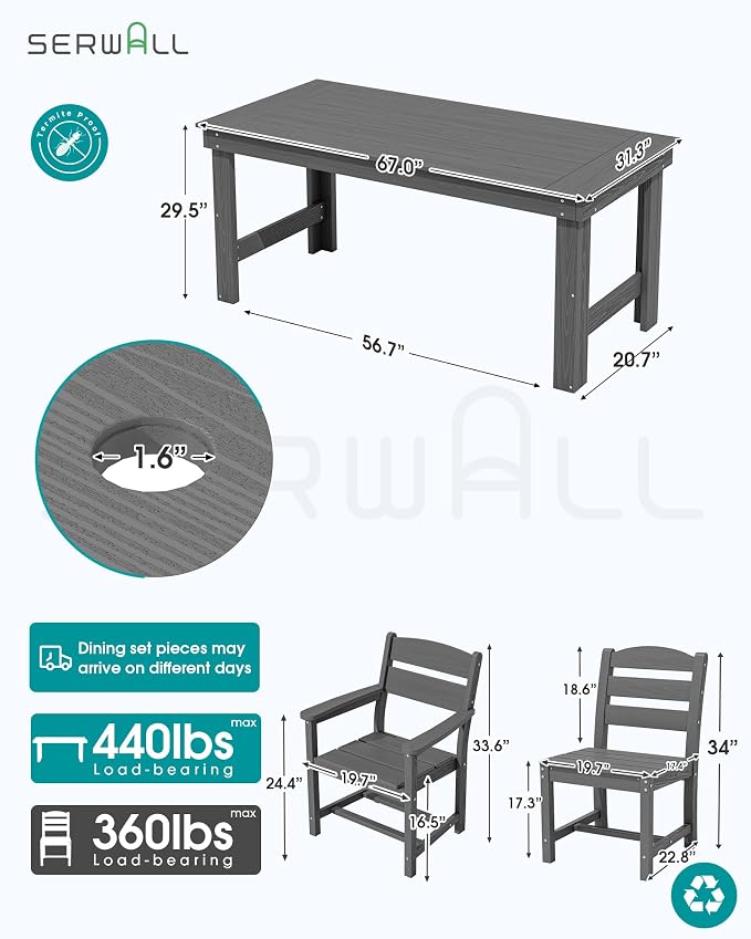 SERWALL Outdoor Dining Table Set, 67‘’ HDPE Patio Dining Set - Image 2