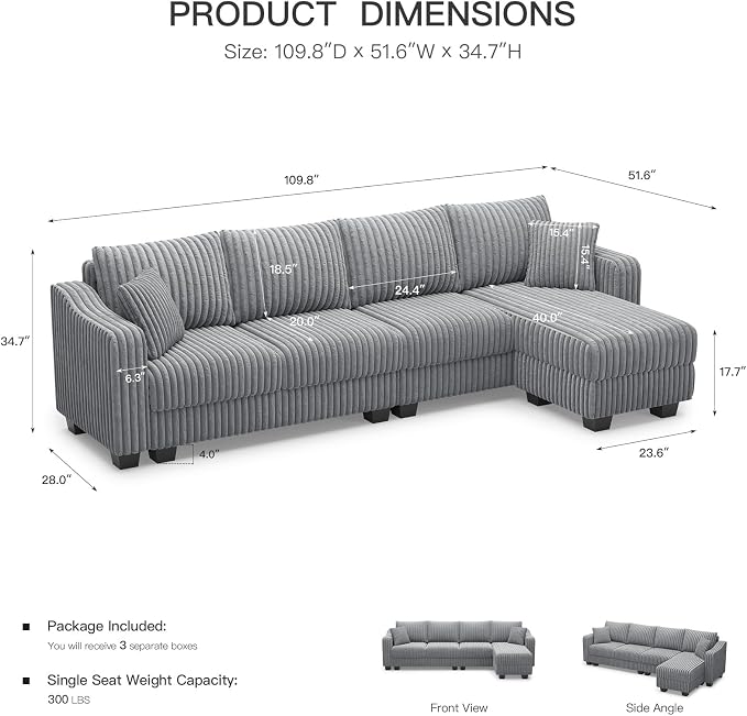 Belffin Sectional Couch with L-Shape Chaise L Shaped Couch with Ottoman - Image 2