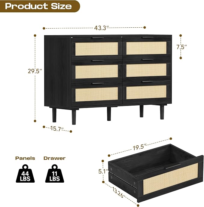 FUQARHY 6 Drawer Dresser Rattan Dresser Modern Chest - Image 2