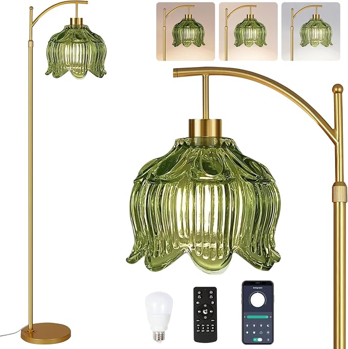 QIYIZM Glass Floor Lamp for Living Room, Mid Century Modern Brass Tall Lamp by QIYIZM