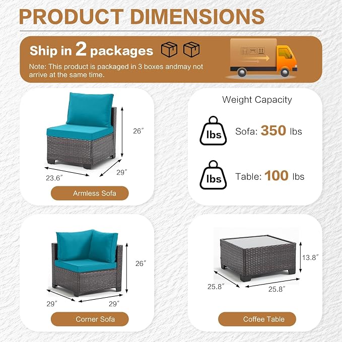 MOCHITO 5 Pieces Outdoor Patio Furniture Sets, All-Weather Sectional Sofa Dark - Image 5
