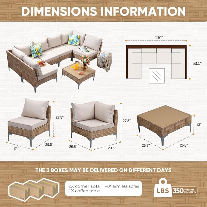 JOYURE 7 Piece Wicker Patio Furniture Set, Outdoor Conversation Sectional Sofa - Image 3