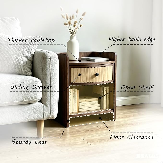 Wooden Nightstand with Drawer and Open Storage Shelf, Curved Front Bedside Table - Image 4