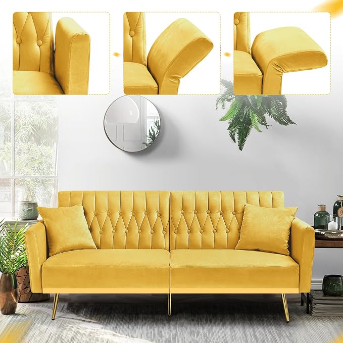 70” Velvet Futon Sofa Bed w/Adjustable Armrests & 2 Pillows, Convertible Futon - Image 6