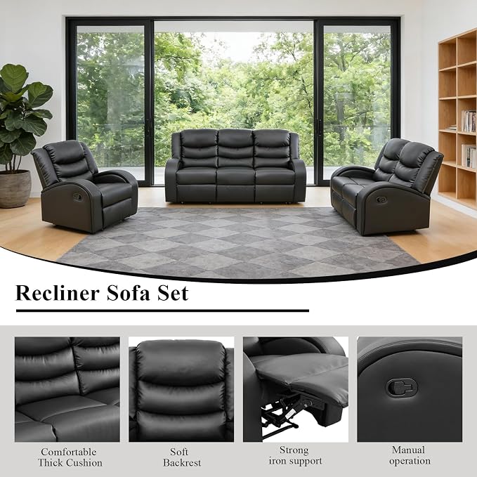 3-Piece Couch Living Room Furniture Sets, Sectional Recliner Sofa Set, Leather - Image 6