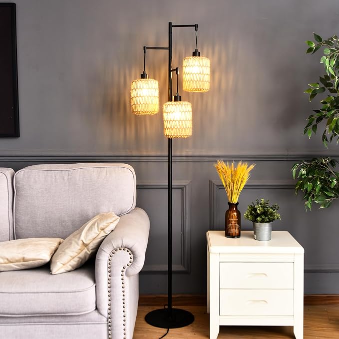 QIYIZM Floor Lamp for Living Room, 3-Lights Boho Rattan Tree Floor Lights - Image 8