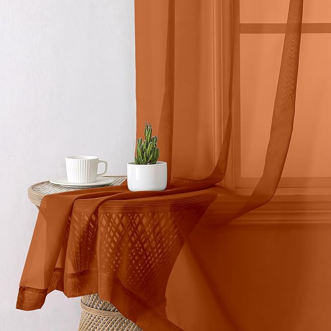 Lecloud Orange Sheer Curtains 96 Inches Long 2 Panels, Light Filtering Voile - Image 4