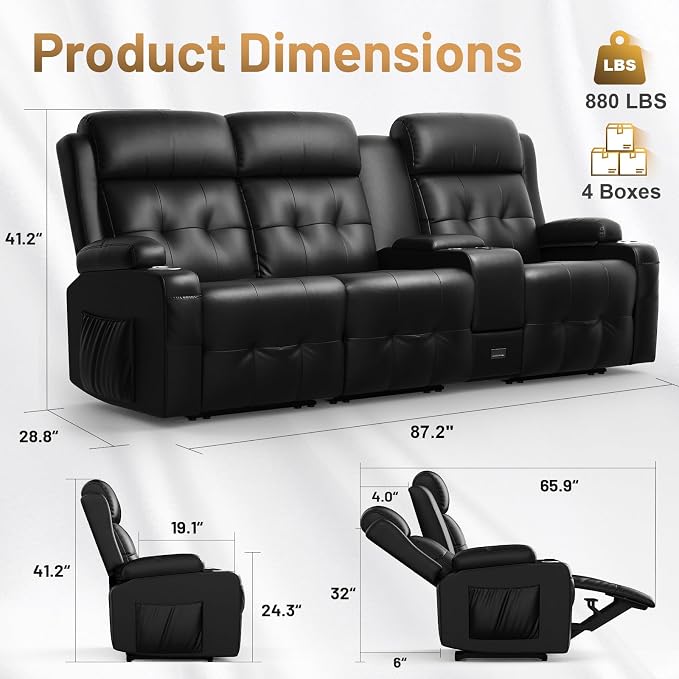 Loveseat Recliner Sofa, 3-Seater Home Theater Seating Massage Reclining Couch - Image 2