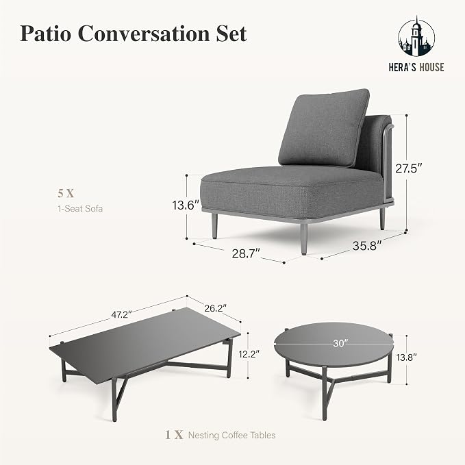 HERA'S HOUSE Metal Patio Furniture Set, Modular 5 Seats and 1 Nesting Coffee - Image 9