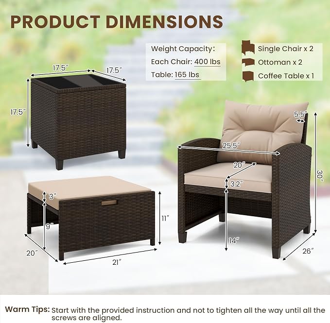 Tangkula 5 Pieces Patio Conversation Set, PE Wicker Rattan Outdoor Furniture Set - Image 4