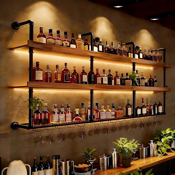 Wall Mounted Wine Rack with LED Lights, 4-Tier Industrial Wood Floating Shelves by flowercart