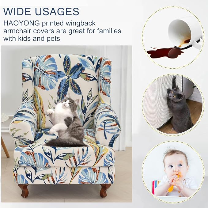 HAOYONG Wing Chair Slipcovers Stretch Wingback Chair Covers Printed 2 Pieces - Image 3
