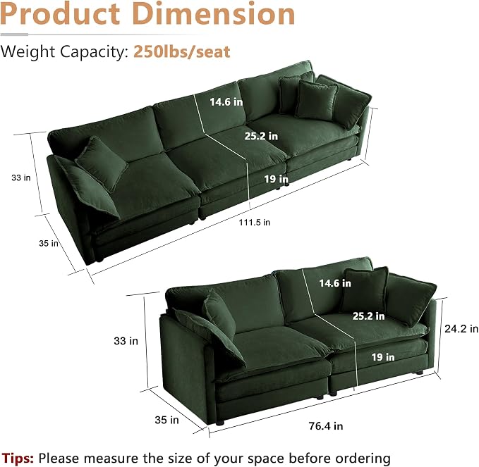mikibama Luxury Oversized 3 Piece Sofa Set, 2 Pieces of 2 Seater and 1 Piece of - Image 2