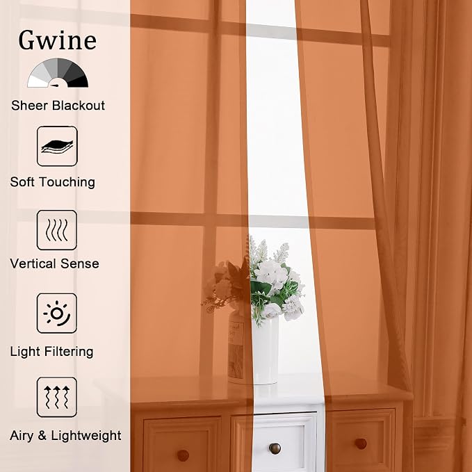 Gwine Burnt Orange Fall Sheer Curtains 96 Inches Long 2 Panels, Elegant Window - Image 2