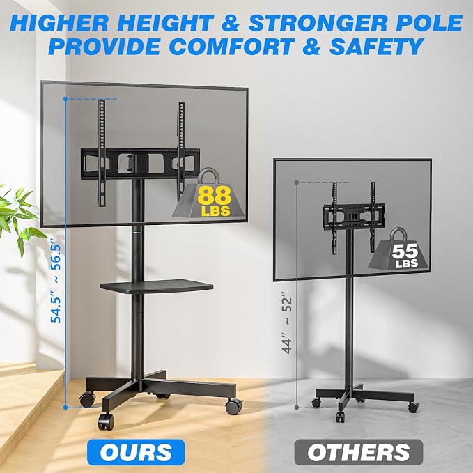 Rolling TV Stand with Shelf for 23-65 inch TVs up to 88lbs, Portable Mobile TV - Image 2