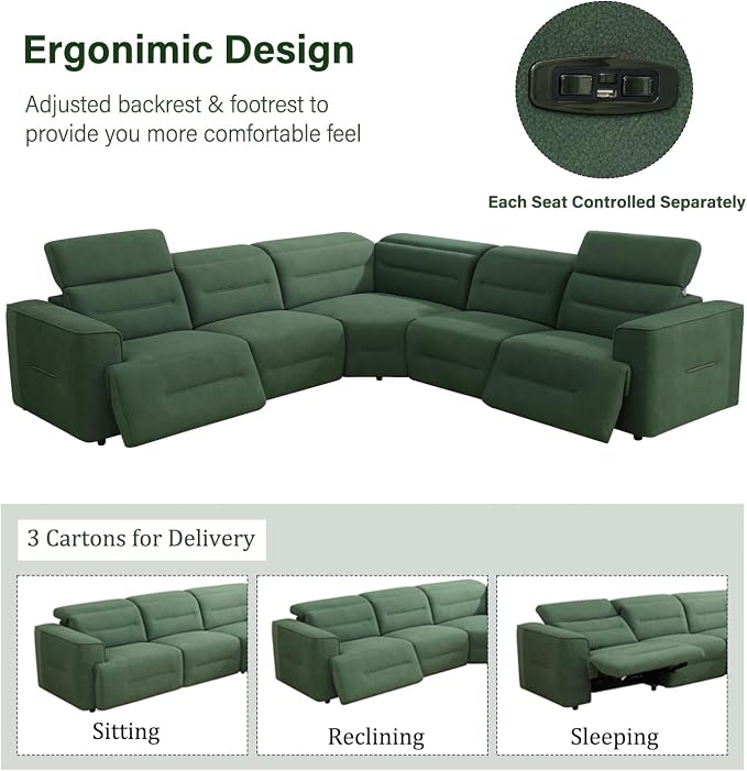 Power Recliner Sectional Sofa, L-Shaped Living Room Furniture Set, Flannel - Image 4