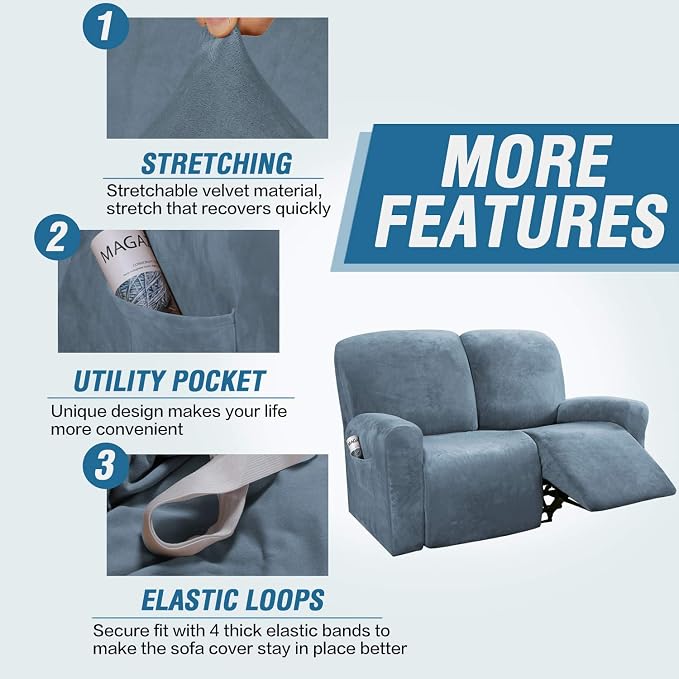 H.VERSAILTEX Velvet Stretch Recliner Couch Covers 6-Pieces Recliner Loveseat - Image 4
