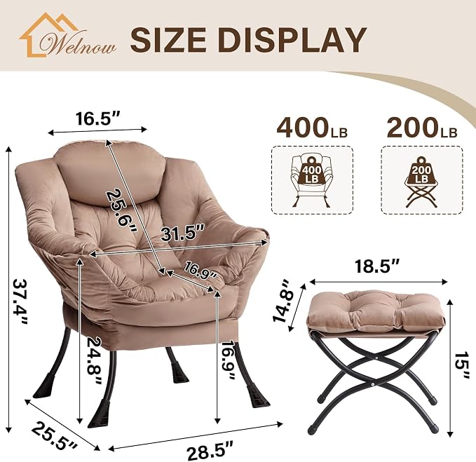 Welnow Lazy Chair with Ottoman, Modern Accent Chair with Armrests and a Side - Image 3