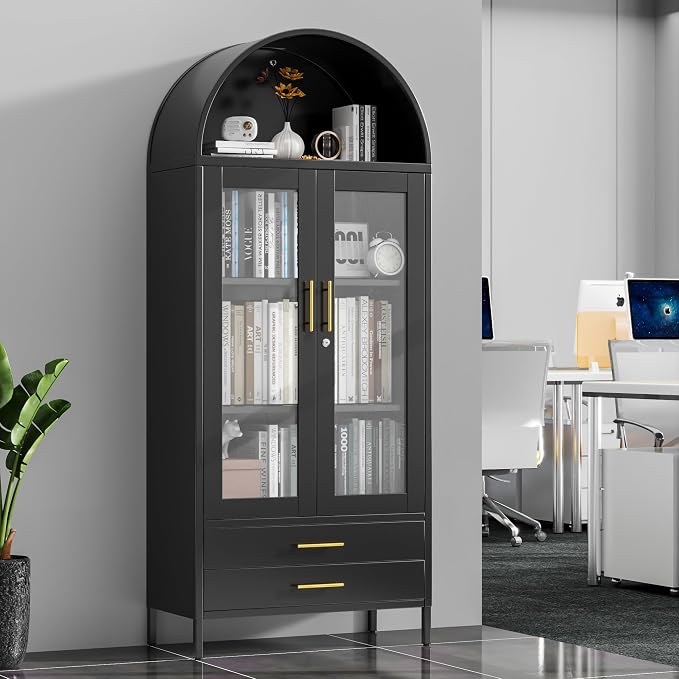 73" Tall Display Cabinet with Glass Doors and 2 Drawers, Metal Arched Cabinet - Image 5