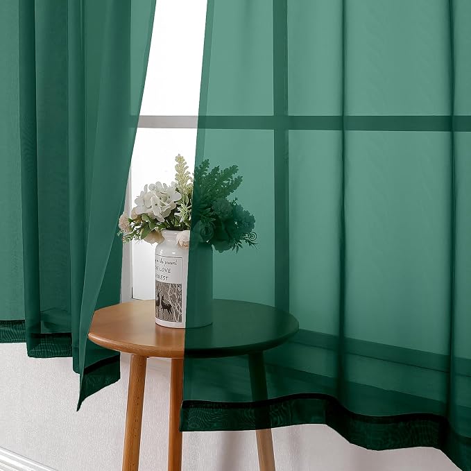 Lecloud Hunter Green Sheer Curtains 90 Inches Long 2 Panels, Airy Voile Solid - Image 7
