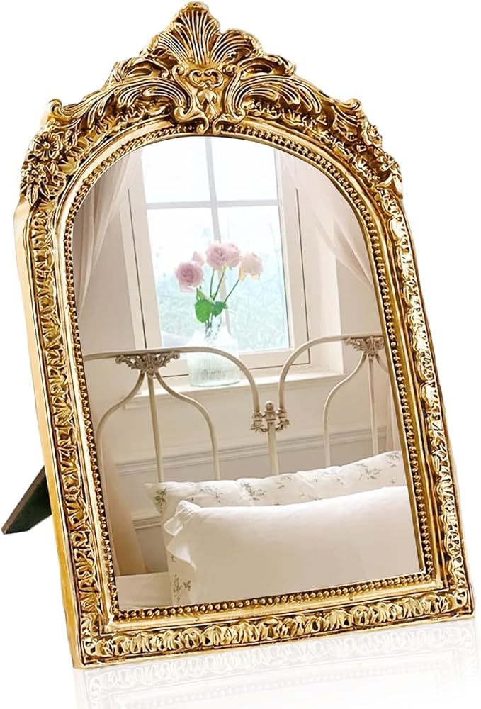 YUSONG Vintage Desk Mirror – 7" Gold Antique Tabletop Mirror by YUSONG