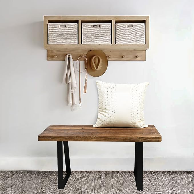 Home Soft Things Natural Old Pine Wood Rectangle Entryway Bench, Sturdy Hand - Image 2