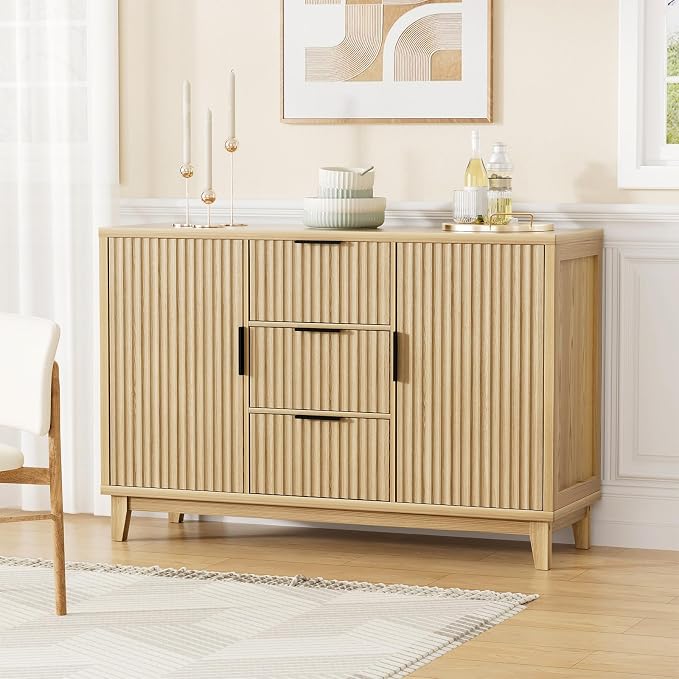 47.2" W Storage Cabinet with 3 Drawers, Fluted Buffet Cabinet with Storage - Image 7