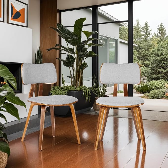 Armen Living Jaguar Mid-Century Dining Chair in Walnut Wood and Gray Fabric by ArmenLiving